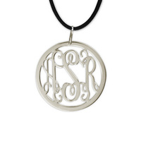 Sterling Silver Rimmed Interlocking Monogram with Black Leather Necklace