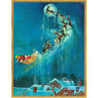 Santa in Sleigh Over Town Holiday Cards