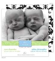 Green Damask Twins Photo Birth Announcements