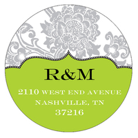 Grey Floral Pattern on White and Green Round Address Labels