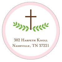 Cross and Foliage with Pink Border Round Address Labels