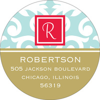 Blue and Gold Damask Round Address Labels