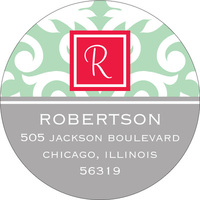 Green and Grey Damask Round Address Labels