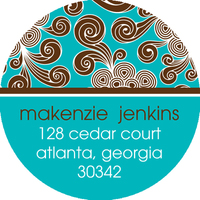 Turquoise and Brown Funky Floral Round Address Labels