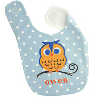 Wedgewood Blue Polka Dot Baby Bib with Boy Owl Design