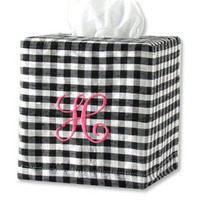 Silk Gingham Embroidered Initial Tissue Box