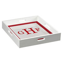 White Wood Square Tray with Red Block Monogram