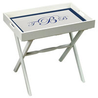 White Wood Sapphire Script Monogram Serving Tray Plus Wood Stand