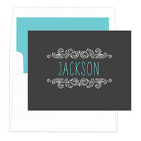 Blue Woodcut Scroll Foldover Note Cards