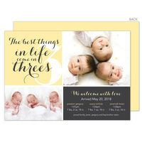 Yellow Best In Threes Triplets Double Photo Birth Announcements